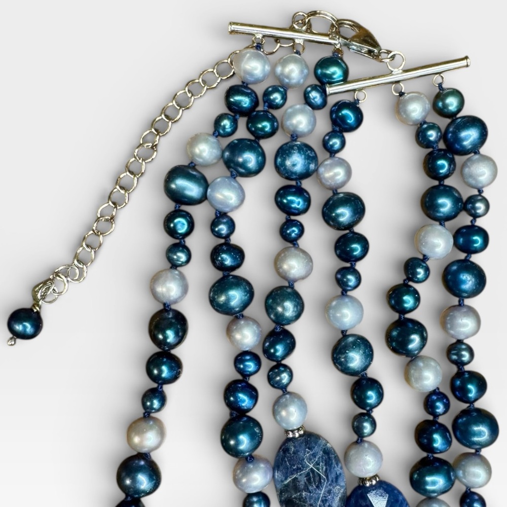 LUCAS LAMETH Sterling Triple-Strand Faceted Sodalite & Cultured Pearl Necklace - Picture 8 of 12